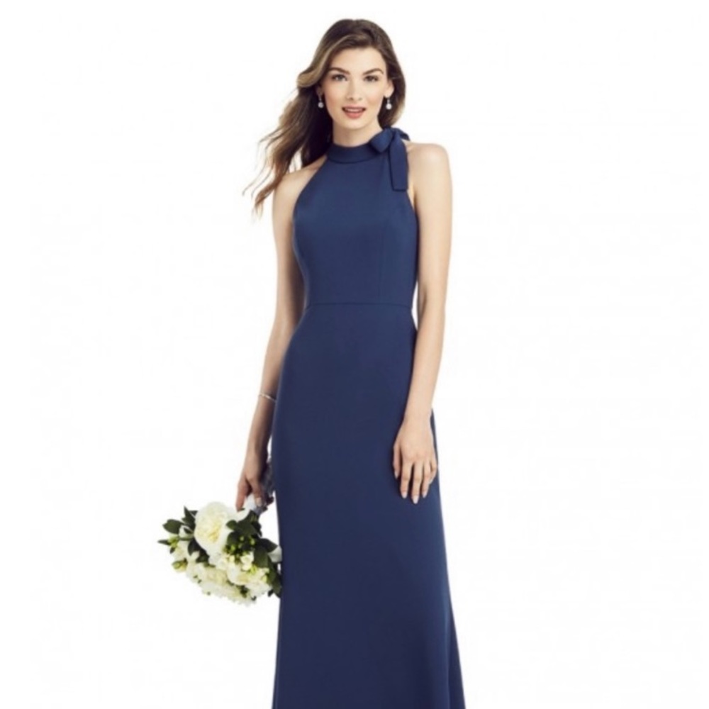 New After Six Midnight Blue Crepe Halter Maxi Dress W/Tie Neck Sz 6 6827